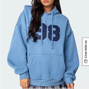 edikted embroidered 98 blue oversized hoodie with navy patchwork lettering